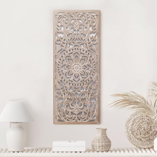 Boho Wall Art - Spiritual Mandala Decor | Wood Wall Hanging Decor | Large Carved Wood Panels For Wall | Wooden Wall Accents | Vertical Farmhouse Wall Art… (Amara)