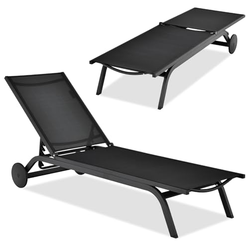 COSTWAY Outdoor Patio Chaise Lounge, 6-Position Adjustable Lounge Recliner with Aluminum Frame, Portable Outdoor Sun Bathing Lounge Chair on Wheels for Patio Poolside Backyard Porch Garden, Black