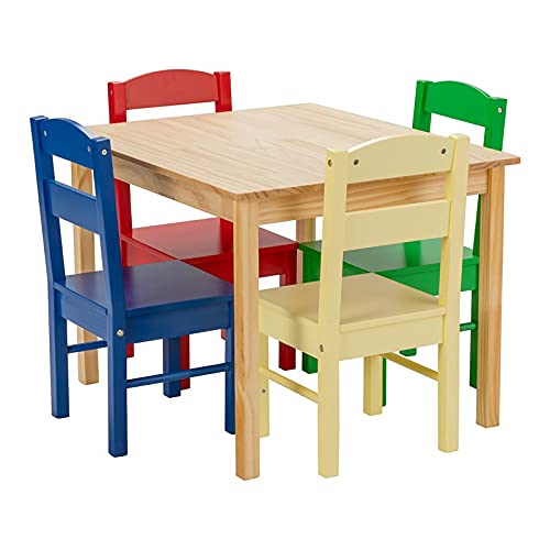 COSTWAY 5-Piece Contemporary Pine Wood Kids' Table and Chair Set in Multi-Color