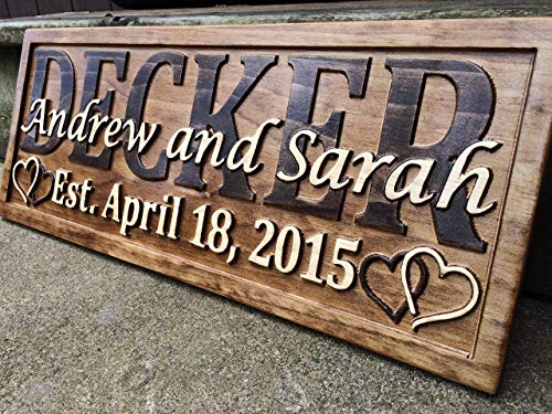 Personalized Wedding Gift Last Name Established Sign Family Name Signs Custom Wood Sign Carved Wood Sign 3D Hearts 5 Year Anniversary Gift