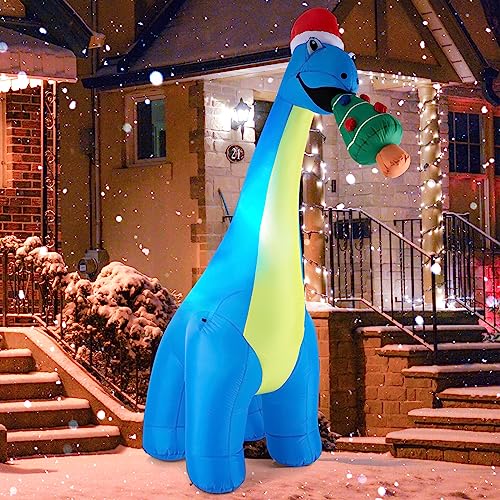COSTWAY 10 ft Christmas Inflatable Dinosaur, Blow up Christmas Lighted Green Dinosaur Bite Gift with Hat, Blower, Adaptor
