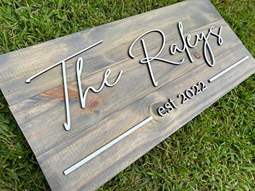 Personzalized 3D Style Effect Wood Sign for Easy Customization and Family Name Wedding Gift (White Text - Gray Stain)