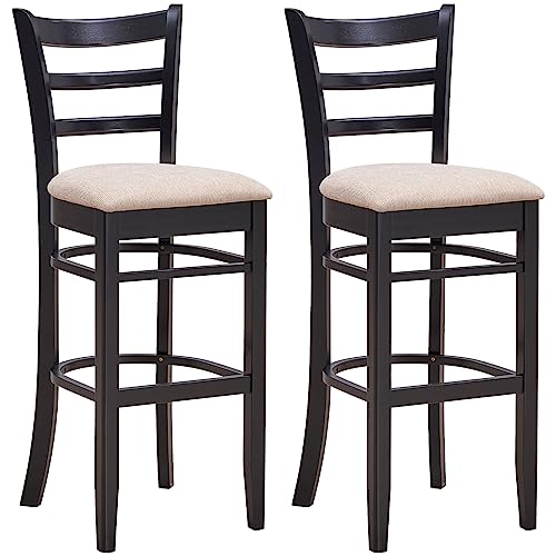 COSTWAY Bar Stools, 31Ó Bar Chairs with Ergonomic Backrest & Comfy Footrest, Soft Padded Seat, Solid Rubber Wood Legs, Stylish Bar Stools for Bar, Kitchen, Dining Room, Beige + Cappuccino (2)