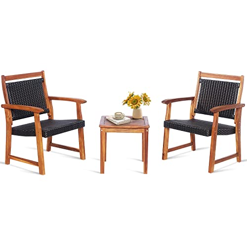 COSTWAY 3PCS Patio Rattan Bistro Set Acacia Wood Frame Armrest Chairs Garden