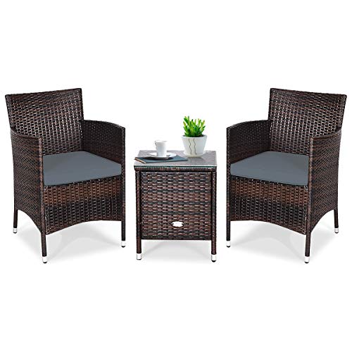 COSTWAY Outdoor 3 PCS PE Rattan Wicker Furniture Sets Chairs Coffee Table Garden Gray