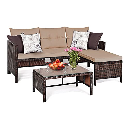 COSTWAY 3 PCS Outdoor Rattan Furniture Sofa Set Lounge Chaise Cushioned Patio Garden New