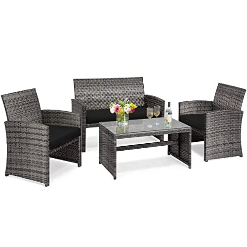 COSTWAY 4PCS Patio Rattan Furniture Set Conversation Glass Table Top Cushioned Sofa Black