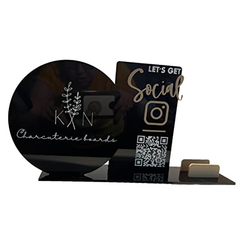 Let's Get Social Acrylic QR Code Sign with Large Round Logo and Business Card Holer for Vendors and Small Businesses (1 QR Code)