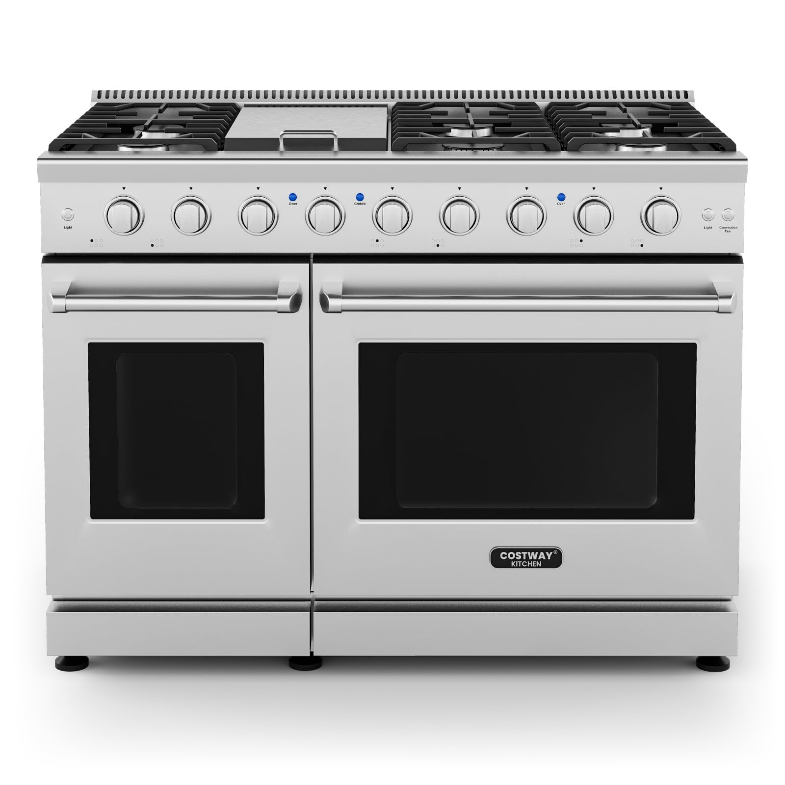 COSTWAY 48 Inches Natural Gas Range, with 7 Burners Cooktop & Double Ovens, Storage Drawer, Dual Fuels Range with Cast Iron Grates & Enamel Interior, Stainless Steel (48 Inch)