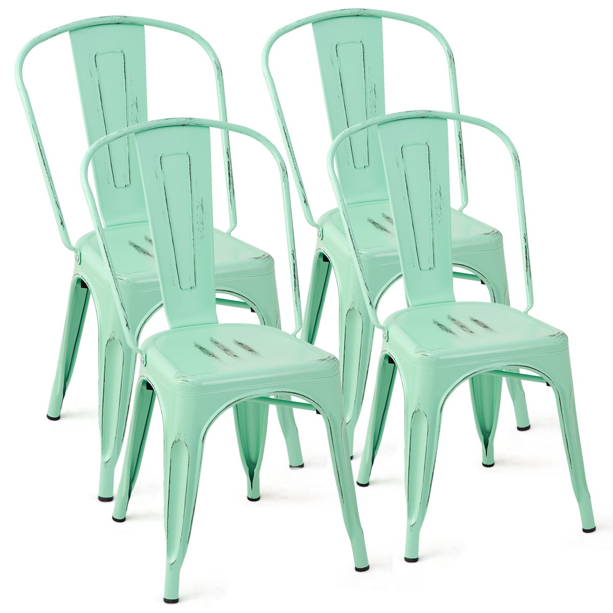 COSTWAY Tolix Style Dining Chairs Metal Industrial Vintage Chic High Back Indoor Outdoor Dining Bistro CafŽ Kitchen Side Stackable Chair Set of 4 (Green)