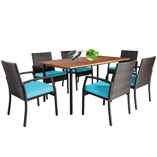 COSTWAY 7PCS Patio Rattan Dining Chair Table Set W/Cushion & Hole Turquoise