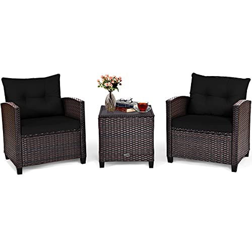 COSTWAY 3PCS Patio Rattan Furniture Set Cushion Conversation Set Sofa Coffee Table Black