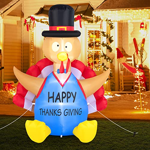 COSTWAY 6 FT Thanksgiving Inflatable Turkey Harvest Day Decoration for Lawn w/Lights