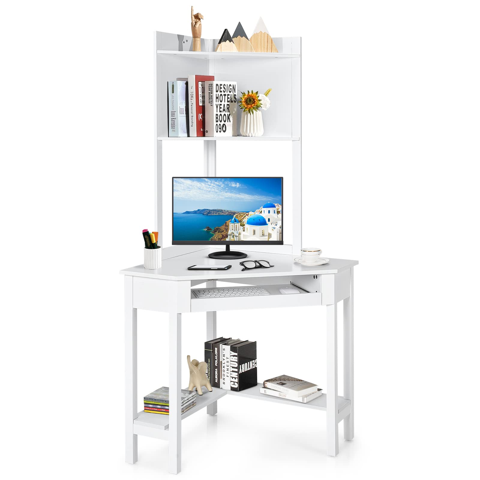 COSTWAY Corner Desk with Hutch, Compact Corner Computer Desk, Study and Writing Table with Keyboard Tray & Bottom Shelves, Space-saving Laptop PC Desk for Small Space, Home, Bedroom, Apartment (White)