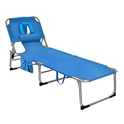 COSTWAY Outdoor Beach Lounge Chair Folding Chaise Lounge with Pillow Blue