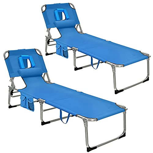 COSTWAY 2 PCS Outdoor Beach Lounge Chair Folding Chaise Lounge with Pillow Blue