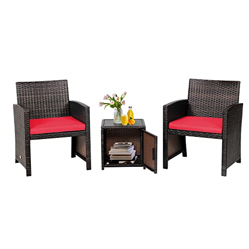 COSTWAY 3 PCS Patio Rattan Furniture Set Coffee Table with Storage Cover Cushioned Seat Red