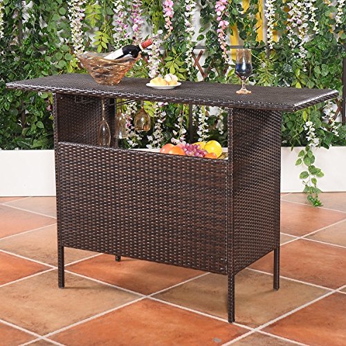 COSTWAY Outdoor Rattan Wicker Bar Counter Table Shelves Garden Patio Furniture Brown