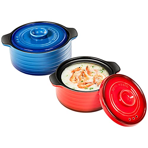 COSTWAY 2Pcs Round Casserole Clay Pot with Lid, Insulated Handle, Steam Holes, Heat-resistance, Multipurpose Earthen Pot for Soup, Stewing and Braising, Blue and Red