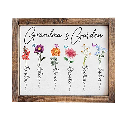 Birth Month Flowers Frame Sign With Grandkids Name, Custom Font And Tittle Grandma Mom's Garden Grandpa Dad Nana Wooden Frame Personalized Gifts For father's day Mother's Day Gift Frame Sign HG