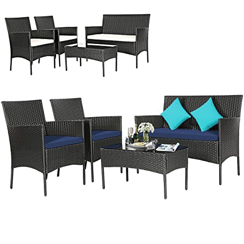 COSTWAY 4PCS Patio Wicker Furniture Set Coffee Table Cushions w/Off White & Navy Cover