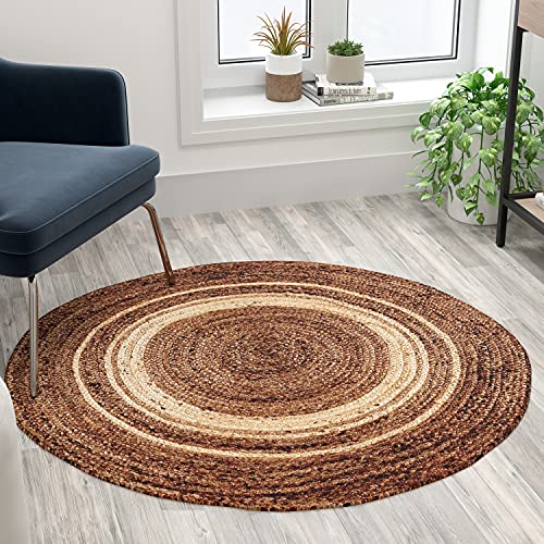 Flash Furniture Prima Natural Fiber Jute Area Rug 4 Foot Round - Braided Indoor Jute Rug - Natural Area Rugs