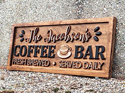 Personalized Coffee Bar Sign for Kitchen | Carved Wood Sign | Custom Coffee Decor | Coffee Lover Gift | Wooden Cafe Sign | Custom Cafe Sign