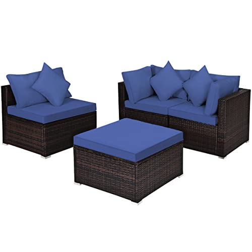 COSTWAY 4PCS Patio Rattan Furniture Set Sofa Ottoman Cushion Garden Deck Navy