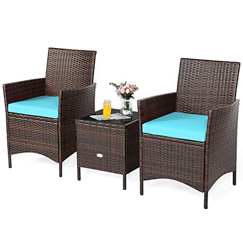 COSTWAY 3PCS Patio Rattan Furniture Set Cushioned Sofa Glass Tabletop Deck Blue