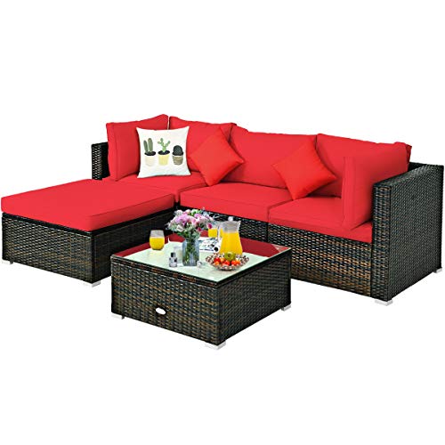 COSTWAY 5PCS Outdoor Patio Rattan Furniture Set Sectional Conversation W/Red Cushions