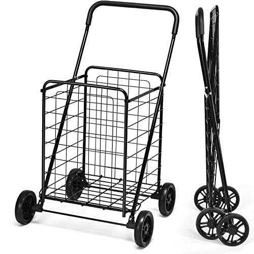 COSTWAY Folding Shopping Cart, Heavy Duty Grocery Utility Cart with Foam Wrapped Handle & Large Wheels, Versatile Rolling Cart with 22 Gal Metal Basket for Warehouse, Supermarket & Laundry