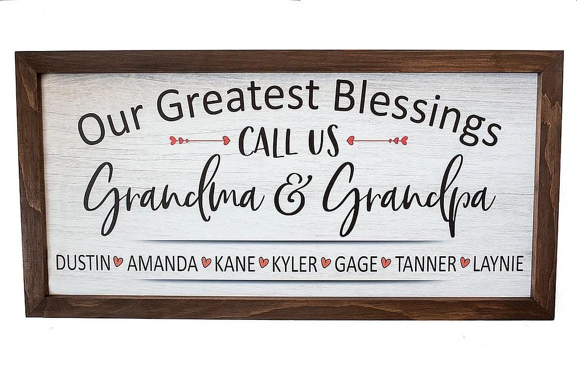 Personalized Grandparent gift grandchildren make Life Grand Grandchildren Names Sign grandma grandpa (10" x 20", Frame stain gray)