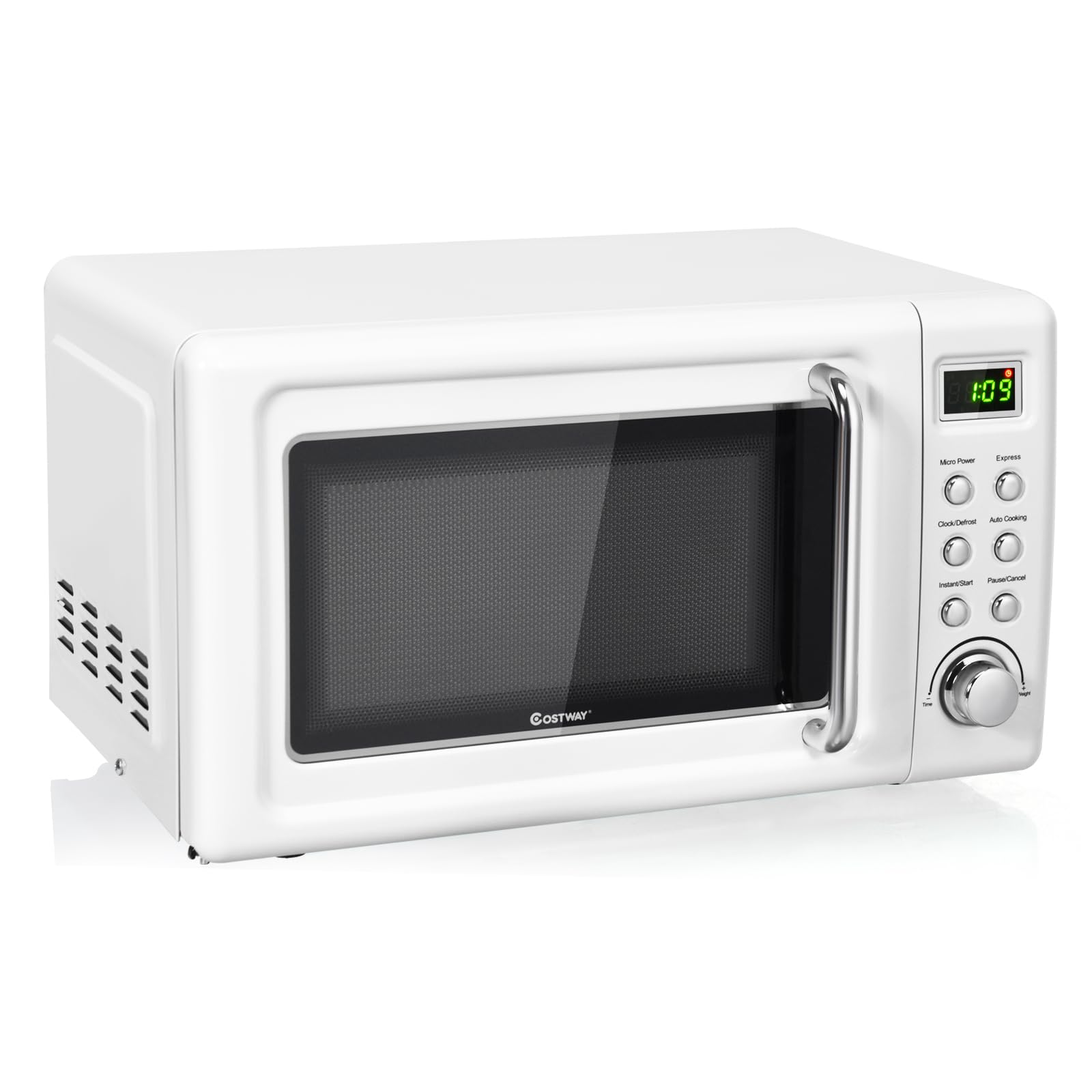 COSTWAY Retro Countertop Microwave Oven, 0.7Cu.ft, 700-Watt, High Energy Efficiency, 5 Micro Power, Delayed Start Function, with Glass Turntable & Viewing Window, LED Display, Child Lock (White)