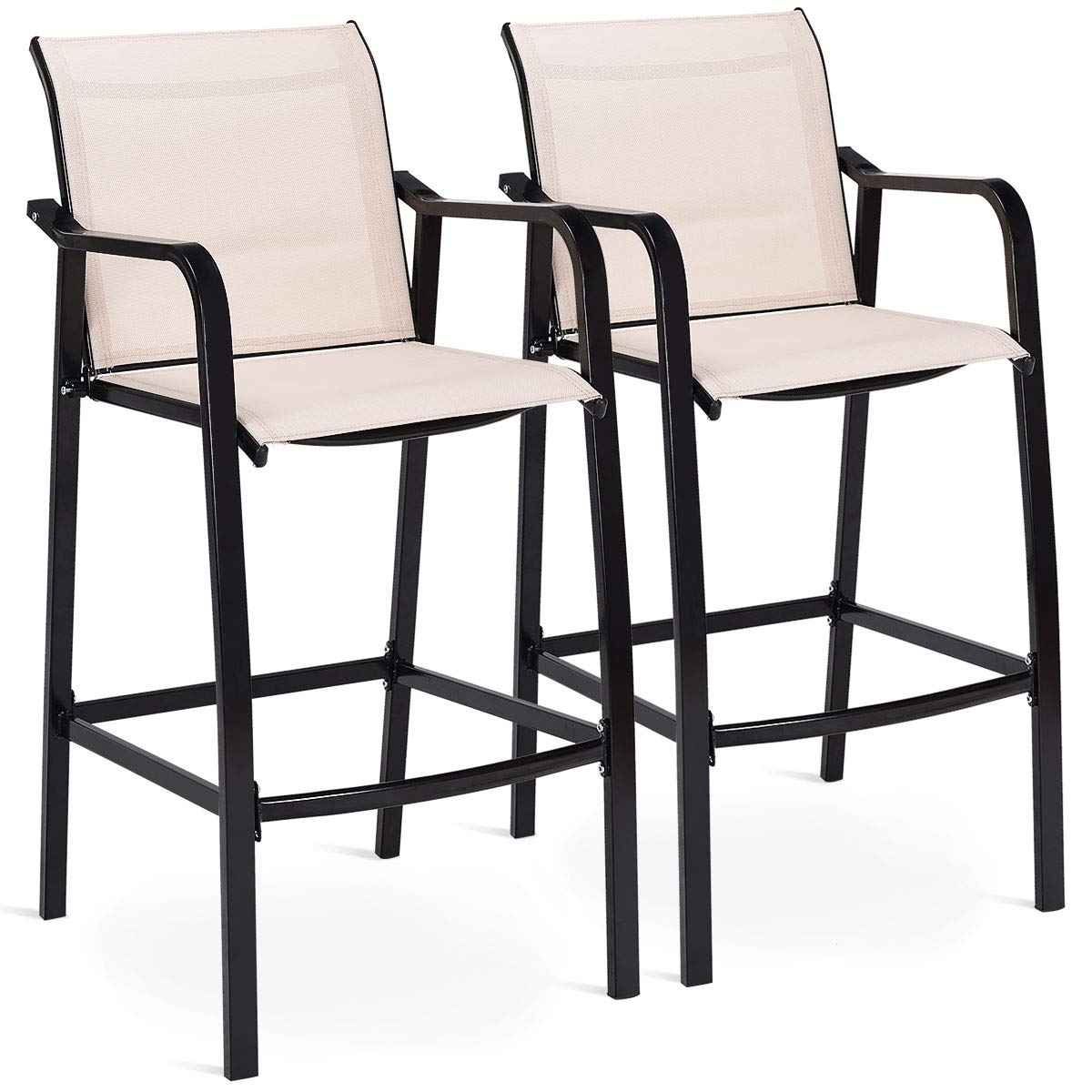 COSTWAY Set of 2 Bar Stools, Counter Height Stool, Steel Frame Sling Dining Chairs for Indoor Outdoor Patio Backyard Kitchen Furniture Set with Armrest (Set of 2)