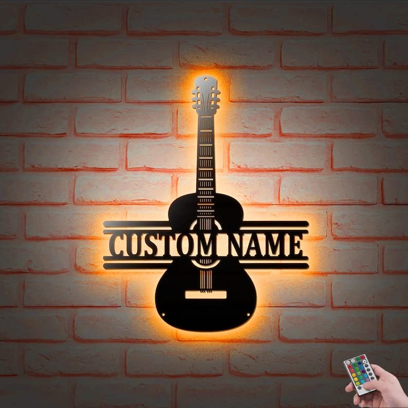 CEFFYLO Custom Guitar Classic Music Monogram Metal Wall Decor With Led Lights, Personalized Musical Name Wall Art Decoration, Instrument Home Decor