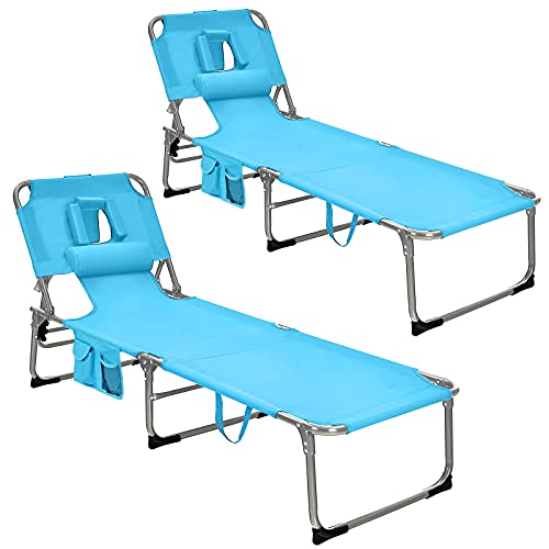 COSTWAY 2 PCS Outdoor Beach Lounge Chair Folding Chaise Lounge w/Pillow Turquoise