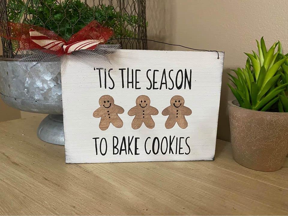 Gingerbread Tis The Season To Bake Cookies Baking Theme tiered tray Decorations Winter Holiday Seasonal Kitchen Gift Bag Decor Wooden Painted Hanging Wall Or Wreath Sign