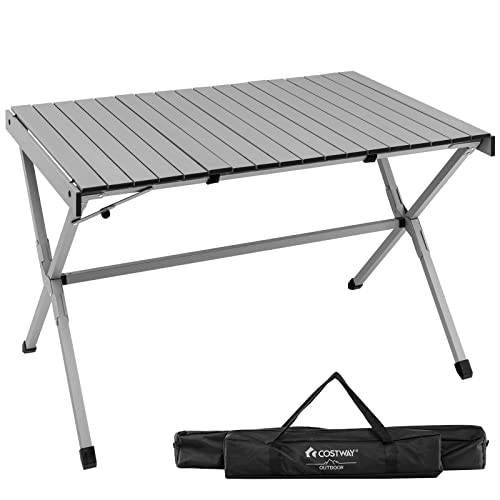 COSTWAY Portable Picnic Table, Roll-Up Aluminum Beach Table with Carry Bag for 4-6 Person, Folding Camping Table with Sturdy X-Shaped Frame, Lightweight Patio Table for Indoor & Outdoor Use (Silver)