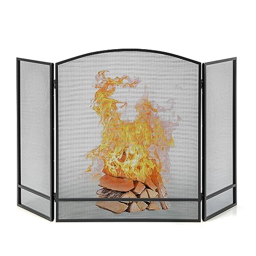 COSTWAY 3-panel Fireplace Screen 48.5"Wx29"H, Modern Foldable Metal Safeguard with Wrought Iron, Mesh Gate Cover for Wood Burning, Freestanding Fire Spark Guard Grate for Living Room Home Decor, Black