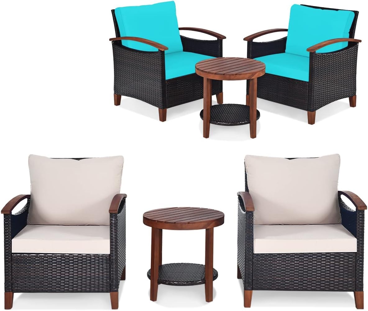 COSTWAY 3PCS Patio Rattan Furniture Set Wooden Frame Cushion Table Shelf Turquoise & Beige