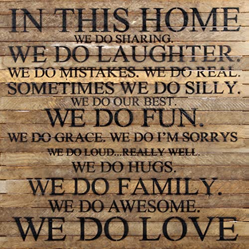 Modern Farmhouse Reclaimed Wood Sign by Second Hand By Nature - 28 x 28 Handmade Rustic Home Decor for Living Room, Dining Table, Fireplace - Country Boho Family Wall Art (In This Home, We Do Sharing)