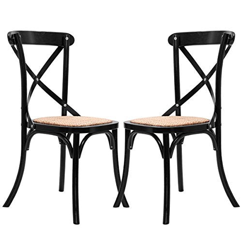 COSTWAY Cross Back Dining Chairs Set of 2 Solid Wooden Frame Antique Style Side Chairs for Kitchen Rooms with Rattan Seat (Black)