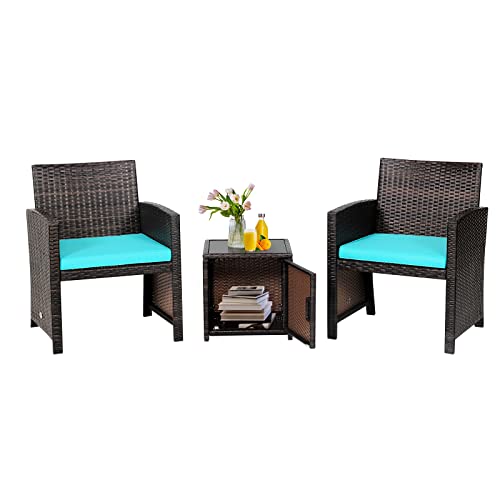 COSTWAY 3PCS Patio Wicker Furniture Set Storage Table W/Protect Cover Turquoise