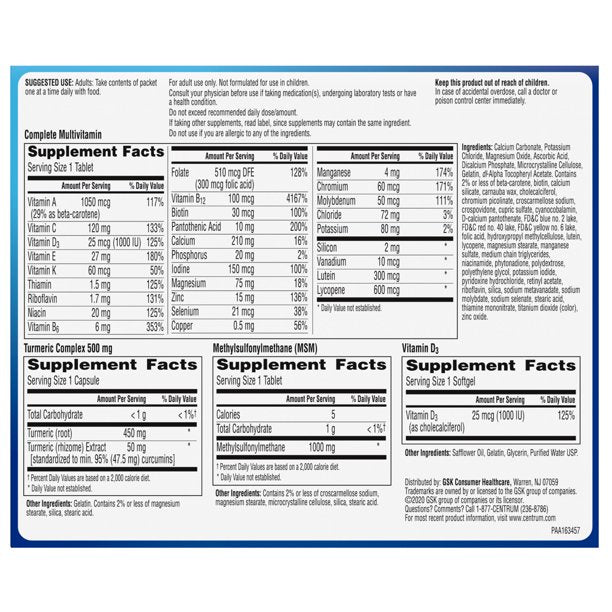 Centrum Wellness Daily Complete Multivitamin D3 for Men in their 60s, 25mcg, MSM 1000mg, Turmeric Complex, 30 Packs/1 Month Supply