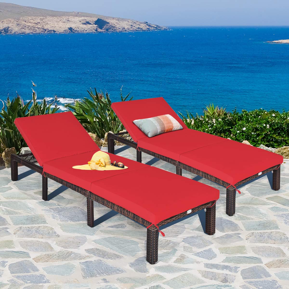 COSTWAY 2PCS Outdoor Rattan Lounge Chair Chaise Recliner Adjustable Cushioned Patio Red