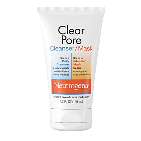 Neutrogena Clear Pore 2 in 1 Facial Cleanser/Face Mask with Kaolin & Bentonite Clay  3.5% Benzoyl Peroxide Acne Treatment Medication, 4.2 fl. oz