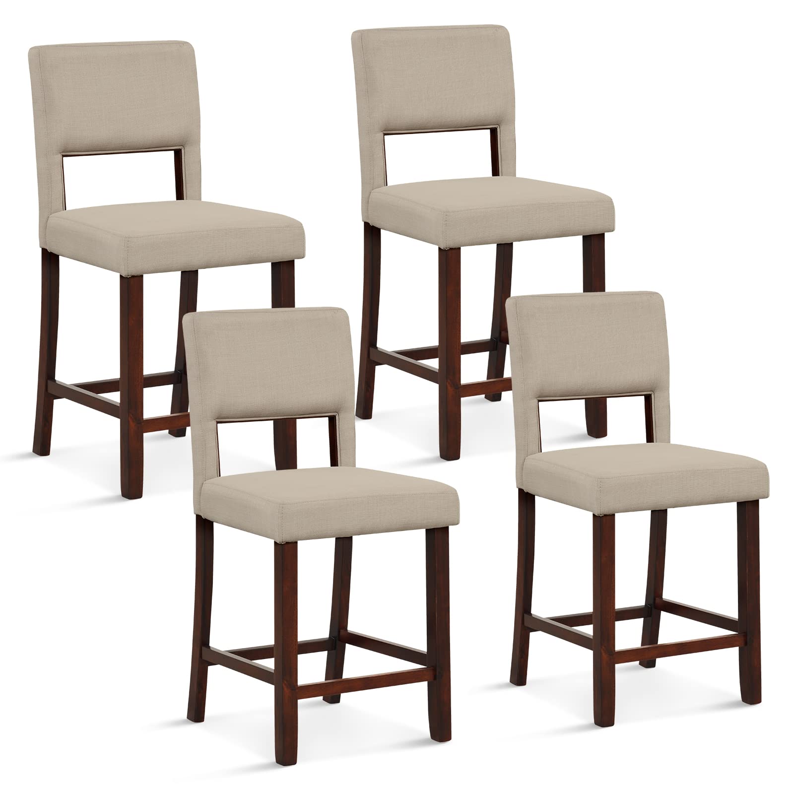 COSTWAY Bar Stools for Kitchen Island, Linen Counter Height Chairs with Hollowed Backs, Rubber Wood Legs, Upholstered Bar Stools for Kitchen Island Home Bar Pub Dining Room (4, Beige+Brown)