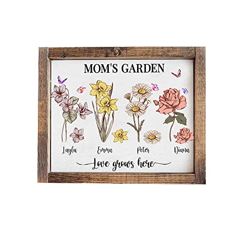 Birth Month Flowers Frame Sign, Custom Tittle Grandma Mom's Garden Dad Grandpa Nana Wooden Frame With Grandkids Name, Personalized Gifts For father's day Mother's Day Gift Frame Sign HG