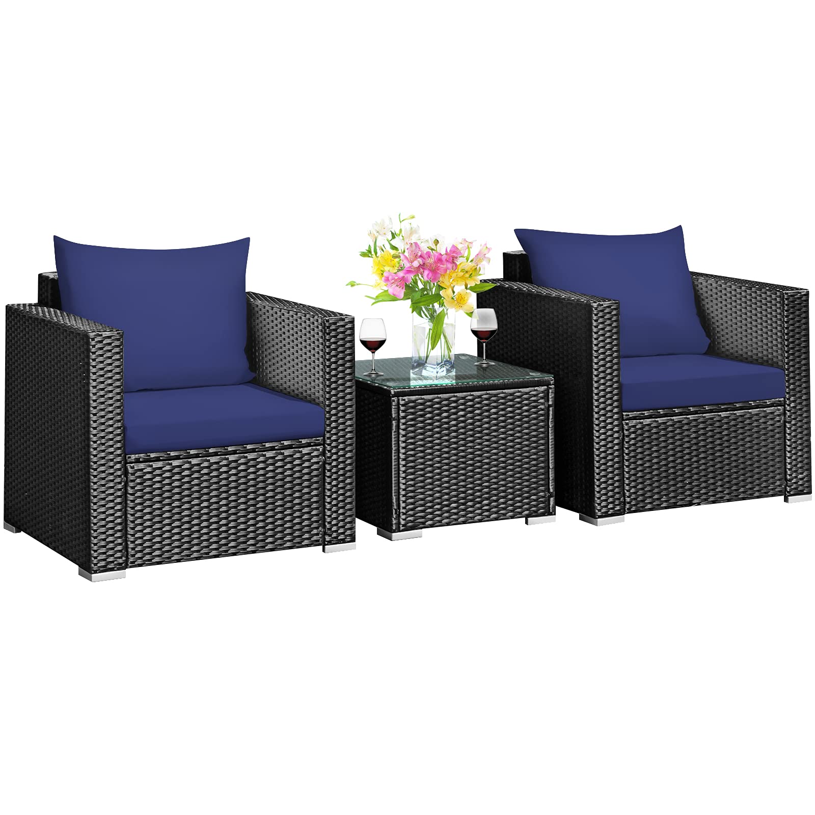 COSTWAY 3PCS Patio Rattan Wicker Furniture Set Sofa Table W/Cushion Yard Navy