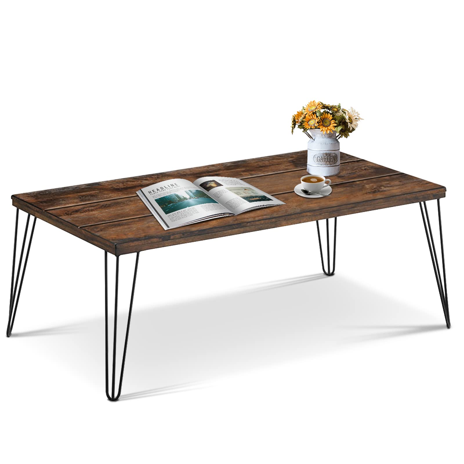 COSTWAY 43.5" Wooden Coffee Table, Rectangular Central Table w/Solid Wood Tabletop & Metal Legs, Industrial Wooden Cocktail Tea Table for Living Room Office Reception Room, Easy Assembly, Walnut